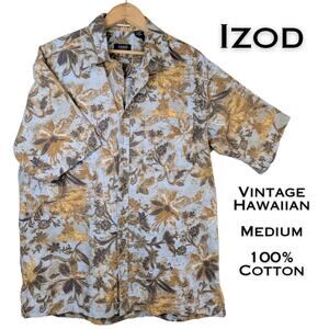 VTG Izod Jeans Mens Hawaiian Shirt Medium Blue Gold Cotton Short Sleeve Button